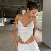 Summer Y2K White Halter Top Women Cami Backless Sexy Summer Crop Tops Sleeveless Camisole Lacing Cropped Female Tops Streetwea