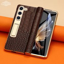 LANGSIDI Leather Case for Samsung Galaxy Z Fold 7 6 5 4 3 Fold6 Fold7 Gold Plating Magnetic Hinge Stand Cover with Mirror Film