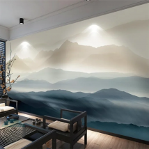 Custom 3d wallpaper new Chinese Zen ink landscape painting abstract oil painting blue sea gilded texture mural Flying birds wall
