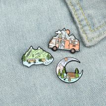Camping Nature Hiking Enamel Pin Travel Bus Mountain River Forest Brooch Lapel Badge Jewelry Gift For Outdoor Enthusiasts