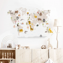 Cartoon Large World Map Wall Stickers Animals Wildlife Watercolor Kids Vinyl Nursery Art Decals for Babys Girls Room Home Decor
