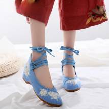 Veowalk Flowers Embroidered Women Canvas Embroidered Ballet Flats Long Ankle Strap Casual Flat Shoes Ladies Walking Ballerinas