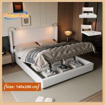 UrbanLuxe Letto imbottito 140x200 cm con lampada da lettura e spazio portaoggetti, letto contenitore, rete a doghe, cordone velluto, Bianco