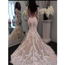 Klassische Spitze Meerjungfrau Hochzeits kleid U-Ausschnitt lange Ärmel Gericht Zug Illusion zurück Knöpfe Trompete Brautkleid benutzer definierte Design