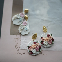 Handmade Delicate Floral Pattern Vintage Multi Sizes Light Color Cluster Flowers Polymer Clay Earrings Sets Stud For Party Daily