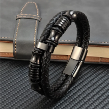 Luxury Genuine Black Leather Beads Bracelet For Men Stainless Steel Magnetic Clasp Fashion Punk Multi-Layer Bangles Male Jewelry