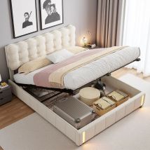 Letto imbottito 160x200 cm Letto contenitore idraulico con schiuma secondaria, letto matrimoniale con barra luminosa a LED con sensore, velluto beige