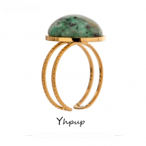 Yhpup Temperament Green Natural Stone Opening Rings for Women Stainless Steel Punk Jewelry Statement Metal Ring Anillos Mujer