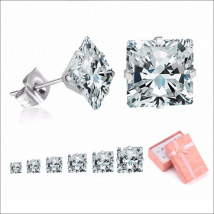 LUXUSTEEL 6Pairs/Box Square Shape CZ Crystal Stud Earrings Sets For Women Men Silver Color Stainless Steel Fashion Jewelry 3-8mm