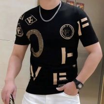 Hot Drill Alphabet Pattern High Elasticity Knit TShirt Men O-Neck Rhinestone Tee Homme Streetwear Fashion Summer Casual Knitted