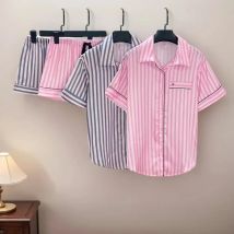 2025 Summer Silk Satin Pajamas for Women Thin Fashion Party Casual Clothes Short-sleeved Pink Striped Home Clothes Two-piece Set