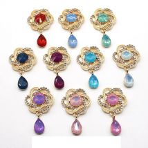 Fashion 29*47mm 10Pcs Flower Shaped Alloy Golden Shiny Rhinestone DIY Ladies Brooch Costume Decoration Decoration Accessories