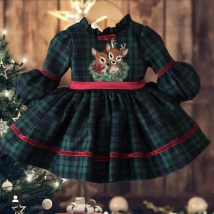 0-12Y Baby Girl Autumn Winter Green Plaid Deer Embroidery Vintage Spanish Princess Ball Gown Dress for Eid Causal Christmas C71