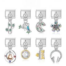 Hapiship Original Daisy Birds Flower Pizza Cactus Headset CZ Charm Fit 9mm Bracelet Stainless Steel Jewelry DIY Making DJtop67