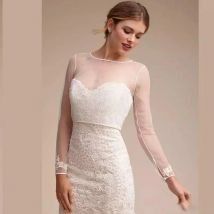 Scoop Neck Long Sleeve Wedding Bolero Appliques  Sheer Wedding Wraps Coat Buttons Back Bridal Jacket Customized
