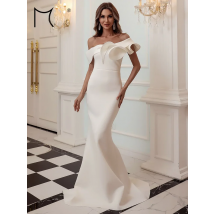 Missord Elegant White Mermaid Evening Dress Women One Shoulder Sleeveless Ruffles Bodycon Party Prom Dresses Female Long Gown