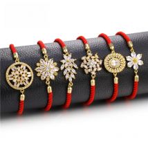 Juya Handmade Red Thread Bracelet Supplies Cubic Zirconia Flower Charm Bracelet For Women Fashion Adjustable String Bracelet
