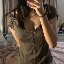 Dourbesty Y2k Short Sleeve T-Shirts Tops for Women Teens Girls Vintage Aesthetic Graphic Fairy Grunge Lace Summer Tees Cute