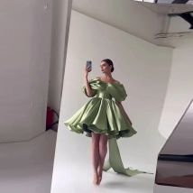 Xijun Green Satin Short Evening Dresses Off The Shoulder A-Line Prom Dresses Birthday Party Gowns Train Lace Up Back Customized