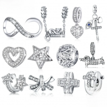 BAMOER 925 Sterling Silver Clear 5A Crystal Collection Family Heart Cross Charm Beads fit for Charm Bracelet & Necklace Pendant