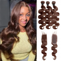 Upermall Chocolate Brown 2/3/4 Human Hair Bundles With Closure kim k 2x6 Straight Body Wave Transparent Middle Part Lace Frontal