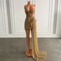 Sparkly Sweetheart Sleeveless Gold Sequined African Black Girls Short Prom Dresses 2025 With Side Train For Birthday