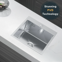 Lavello da cucina in acciaio inox 46x45 cm – Ciotola singola con montaggio superiore – Argento INOX – Kit di scarico e accessori inclusi