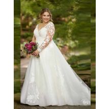 Plus Size Brautkleid mit langen Ärmeln, Blumenspitze, Applikationen, Knopf, Reißverschluss hinten, A-Linie, Brautkleid, elegante Vestido de Novias