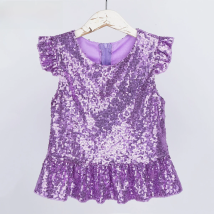 Kids Girls Mermaid Costume Sparkly Sequins Short Flutter Sleeves Ruffle T-shirts Dance Performance Carnival Birthday Party Tops