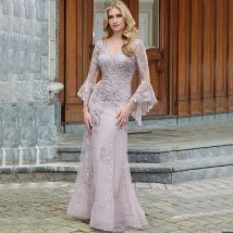 Elegante Flare Ärmel Mutter des Brautkleides Applikation Spitze Meerjungfrau bodenlangen Illusion Tüll Reiß verschluss Kleider für Party-Event