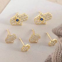 SUNSLL Simplicity Gold Color Fatima Hand Stud Earrings For Women Girls Fashion Cubic Zircon Devil Eye Palm Ear Jewelry 3 Size