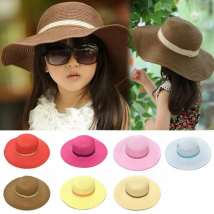 2014 Wholesale 7 colors summer Children solid Simple elegant large brimmed straw hat baby girls Beach Hats sun hat 10 pcs/lot