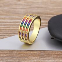 Nidin Luxury Geometry Three Layer Rainbow Shiny Rhinestone Cubic Zirconia Ring Women Retro Jewelry Creative Engagement Gift