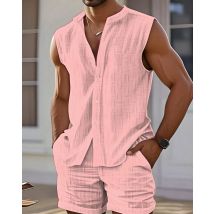 Men's Summer Casual Beach Stand-Up Collar Set Jacquard Solid-Color Sleeveless Shirt And Shorts Fashionable Comfortable Two-Piece