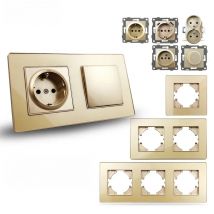 DIY Wall Electrical Socket EU French Plug, USB Type C Charging Ports, Gold Acrlic Glass Panel 1 2 3 Panel Gang, Wallpad L6