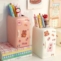 Cute Mini Fridge Pen Holder With Sticker Kawaii Plastic Creative Desk Organizer For Pens Makeup Brush Home Office Storage Box
