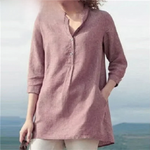 Button Casual Blouses and Shirts Spring Autumn Half Sleeve Fashion Women Blouses 2021 V-Neck Solid Women's Shirt Top Female New