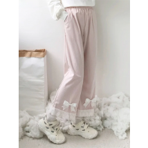 Japanese Lolita Women's Kawaii High Waist Corduroy Pants Sweet Bow Lace Wide Leg Pants Girly Harajuku Chic Loose Cute Trousers