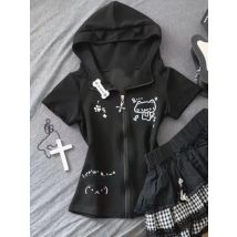 Japanese Kawaii Thin Short Sleeve T-Shirts Women Design Casual Slim Hooded Tops Female Summer Sweet New Zipper Lovely Outfits