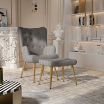 Comanlai Ohrensessel mit Hocker, Relax-Armlehnenstuhl, TV-Stuhl, hohe Rückenlehne, gepolsterte Armlehnen und Metallbeinen, Dunkelgrau