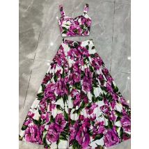 Elegant flower print sexy short tube top suspender top high waist big swing A-shaped skirt summer new two-piece women's suit