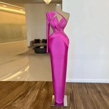 Novel Fuchsia Sheath One Shoulder Evening Party Dress For Woman Celebrity Floor Length Custom Size Prom Gown Bead Satin Vestido