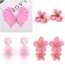 Fashion Pink Flower Drop Earrings for Women Hollow Out Leaf Dangle Earrings Wedding Party Bohemian Elegant Geometry Jewelry Gift
