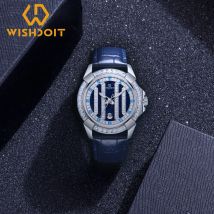 Wishdoit Herrenuhr, Diamant, luxuriöses mechanisches Uhrwerk, 43 mm, blaues Lederarmband, Edelstahl, modische Business-Uhr