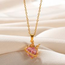 Pink Heart Zircon Necklace for Women Gold Color Copper Cupid Eros Arrow Heart Pendant Necklace Korean Fashion Jewelry Party Gift