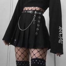 Cross Stitch Flower Skirt Dark College Suit Punk Functional Wind A- line Tactical Half Pleated Skirt Korean Style Black Skirt
