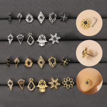 1Piece Retro Black Zircon Snowflake Hand Nose Stud for Women 316L Stainless Steel L Shape Nose Stud Rings Nose Piercing Jewelry