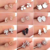 Bohemia Plant Stainless Steel Earrings Women Fashion Apple Cherry Leaf Mushroom Flower Stud Earring Piercing Jewelry Wholesale