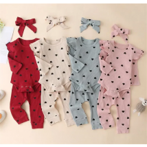 Blotona Newborn Baby Ribbed Suit Girl Boy Heart Print Crew Neck Long Sleeve Romper Top+Long Pants+Hairband 3Pcs Outfits 0-24M