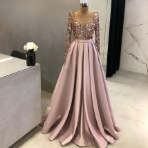 Elegant Arabic Muslim Sequin Evening Dresses for Women 2025 Long Sleeves Aline Satin Wedding Prom Formal Party Gown Customized